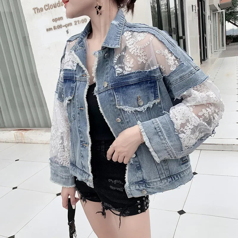 Women's Lace Trim Denim Jacket