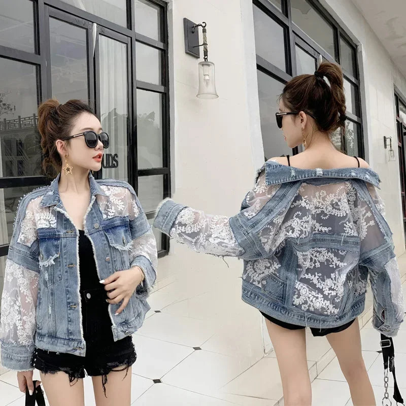 Women's Lace Trim Denim Jacket